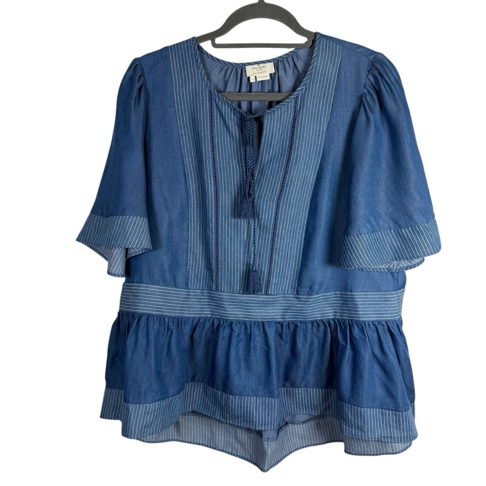 Kate Spade Chambray Short Flutter Sleeve Pheasant Top Size Large Tassel
